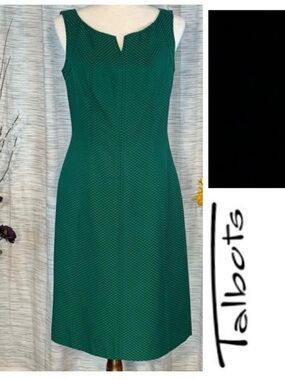 Talbots green on green tiled sleeveless sheath dress.